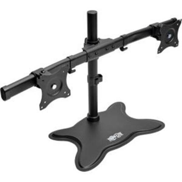 A black Tripp Lite Dual-Monitor TV Desktop Display Mount Stand Full Motion 13"- 27" with two monitors on it.