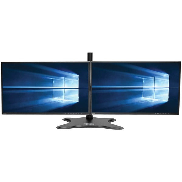 A black Tripp Lite Dual-Monitor TV Desktop Display Mount Stand Full Motion 13"- 27" with two monitors on it.
