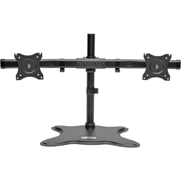 A black Tripp Lite Dual-Monitor TV Desktop Display Mount Stand Full Motion 13"- 27" with two monitors on it.