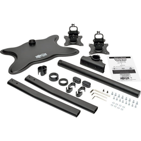 A black Tripp Lite Dual-Monitor TV Desktop Display Mount Stand Full Motion 13"- 27" with two monitors on it.
