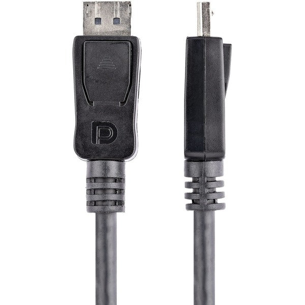 A pair of StarTech.com 50cm (1ft) DisplayPort 1.2 Cables, 4k x 2K UHD VESA Certified DisplayPort Cables, DP Cables/Cords for Monitor, w/ Latches on a white background.