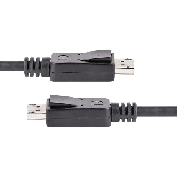A pair of StarTech.com 50cm (1ft) DisplayPort 1.2 Cables, 4k x 2K UHD VESA Certified DisplayPort Cables, DP Cables/Cords for Monitor, w/ Latches on a white background.