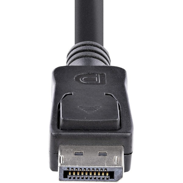 A pair of StarTech.com 50cm (1ft) DisplayPort 1.2 Cables, 4k x 2K UHD VESA Certified DisplayPort Cables, DP Cables/Cords for Monitor, w/ Latches on a white background.