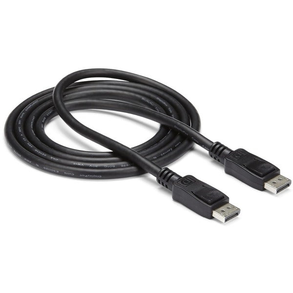 A pair of StarTech.com 15ft (5m) DisplayPort 1.2 Cables, 4K x 2K UHD VESA Certified DisplayPort Cables, DP Cables/Cords for Monitor, w/ Latches on a white background.