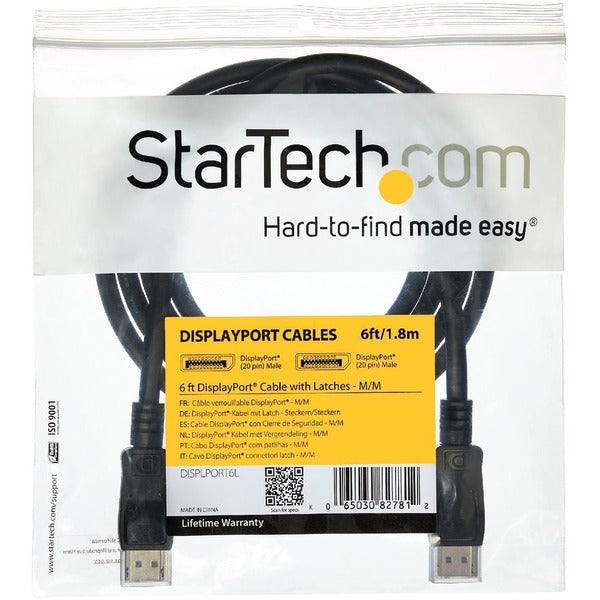 A pair of StarTech.com 15ft (5m) DisplayPort 1.2 Cables, 4K x 2K UHD VESA Certified DisplayPort Cables, DP Cables/Cords for Monitor, w/ Latches on a white background.