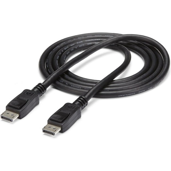 A pair of StarTech.com 3ft (1m) DisplayPort 1.2 Cables, 4K x 2K UHD VESA Certified DisplayPort Cables, DP Cables/Cords for Monitor, w/ Latches on a white background.