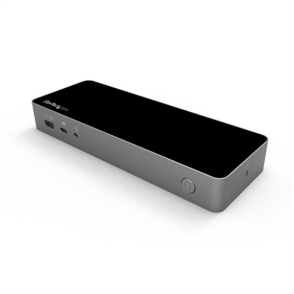 An image of a Star Tech.com USB-C &amp; USB-A Dock - Hybrid Universal Laptop Docking Station with Dual Monitor Display 4K 60Hz HDMI &amp; DisplayPort - 60W PD on a white surface.