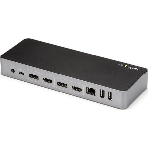An image of a Star Tech.com USB-C &amp; USB-A Dock - Hybrid Universal Laptop Docking Station with Dual Monitor Display 4K 60Hz HDMI &amp; DisplayPort - 60W PD on a white surface.