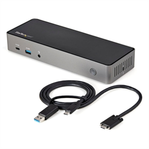A computer with a Star Tech.com USB-C &amp; USB-A Dock - Hybrid Triple Monitor Laptop Docking Station DisplayPort &amp; HDMI 4K 60Hz/85W PD/6x USB/GbE/USB 3.1 Gen 2 connected to it.