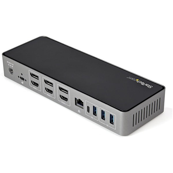 A computer with a Star Tech.com USB-C &amp; USB-A Dock - Hybrid Triple Monitor Laptop Docking Station DisplayPort &amp; HDMI 4K 60Hz/85W PD/6x USB/GbE/USB 3.1 Gen 2 connected to it.