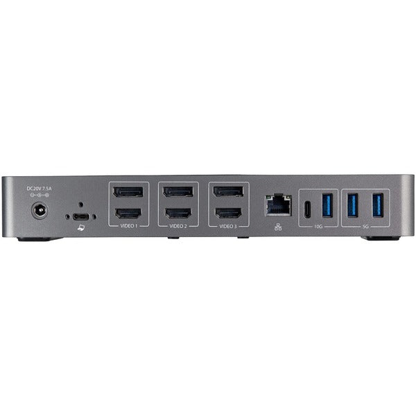 A computer with a Star Tech.com USB-C &amp; USB-A Dock - Hybrid Triple Monitor Laptop Docking Station DisplayPort &amp; HDMI 4K 60Hz/85W PD/6x USB/GbE/USB 3.1 Gen 2 connected to it.