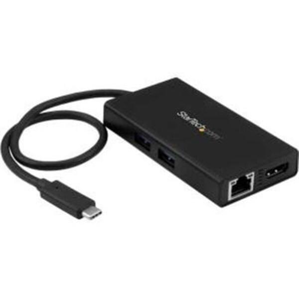 A StarTech.com USB-C Multiport Adapter - USB-C Travel Dock w/ 4K HDMI - 60W PD Pass-Through, GbE, 2x USB-A - Mini USB Type-C Docking Station with a USB cable.