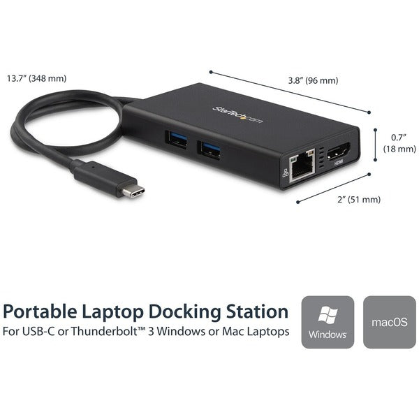 A StarTech.com USB-C Multiport Adapter - USB-C Travel Dock w/ 4K HDMI - 60W PD Pass-Through, GbE, 2x USB-A - Mini USB Type-C Docking Station with a USB cable.
