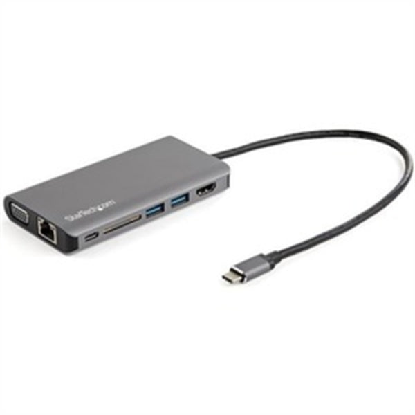 A StarTech.com USB C Multiport Adapter - USB-C Mini Travel Dock w/ 4K HDMI or 1080p VGA - 100W PD Pass-Through, 3x USB, SD, GbE, Audio connected to a computer.