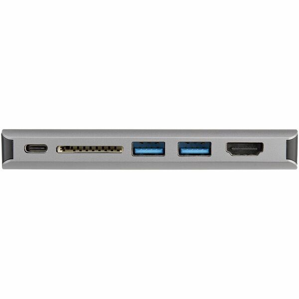 A StarTech.com USB C Multiport Adapter - USB-C Mini Travel Dock w/ 4K HDMI or 1080p VGA - 100W PD Pass-Through, 3x USB, SD, GbE, Audio connected to a computer.