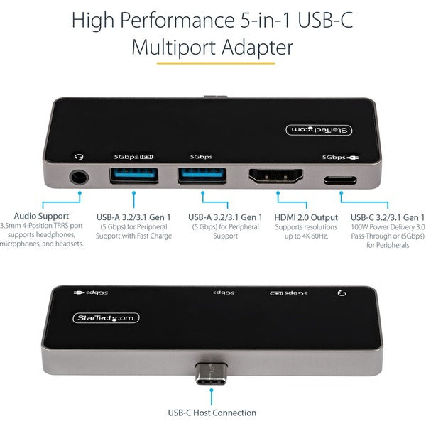 Star Tech.com USB C Multiport Adapter, USB-C to 4K 60Hz HDMI, 100W PD Pass-Through, 3xUSB, Audio, USB-C Mini Dock, Portable USB Type-C Dock
