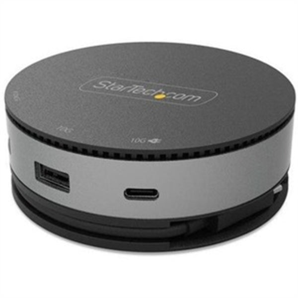 A black and grey Star Tech.com USB C Multiport Adapter - USB Type-C 10Gbps Mini Dock 4K 60Hz HDMI/DisplayPort/1080p VGA - 75W PD Passthrough, USB Hub & GbE with a usb port on top.