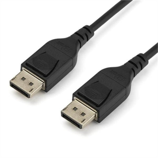 A pair of black StarTech.com 2 m VESA Certified DisplayPort 1.4 Cables - 8K 60Hz HBR3 HDR - 6 ft Super UHD 4K 120Hz - DP to DP Slim Video Monitor Cords M/M on a white background.