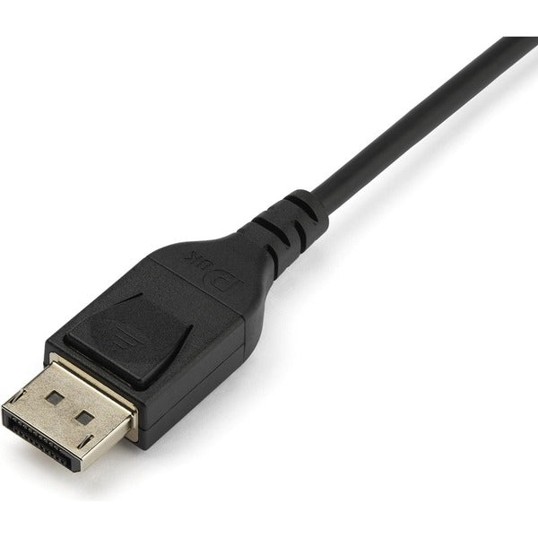 A pair of black StarTech.com 2 m VESA Certified DisplayPort 1.4 Cables - 8K 60Hz HBR3 HDR - 6 ft Super UHD 4K 120Hz - DP to DP Slim Video Monitor Cords M/M on a white background.