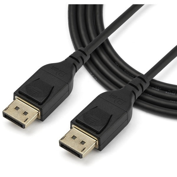 A pair of black StarTech.com 2 m VESA Certified DisplayPort 1.4 Cables - 8K 60Hz HBR3 HDR - 6 ft Super UHD 4K 120Hz - DP to DP Slim Video Monitor Cords M/M on a white background.