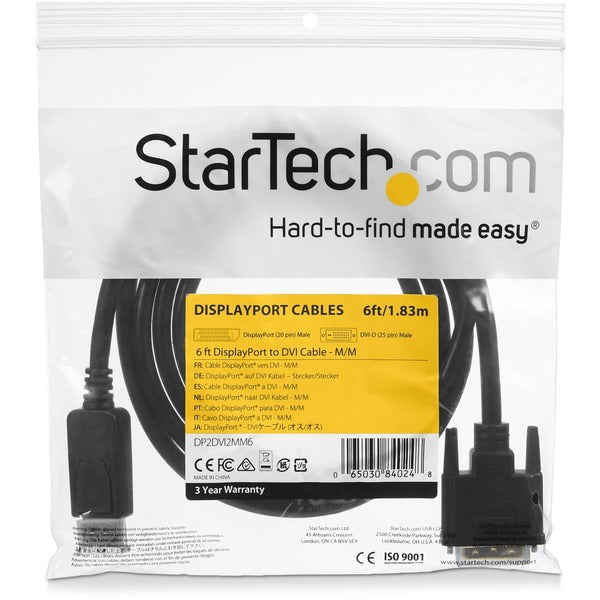 A StarTech.com 6ft (1.8m) DisplayPort to DVI Cable, 1080p Video, DisplayPort to DVI-D Adapter/Converter Cable, DP 1.2 to DVI Monitor Cable.