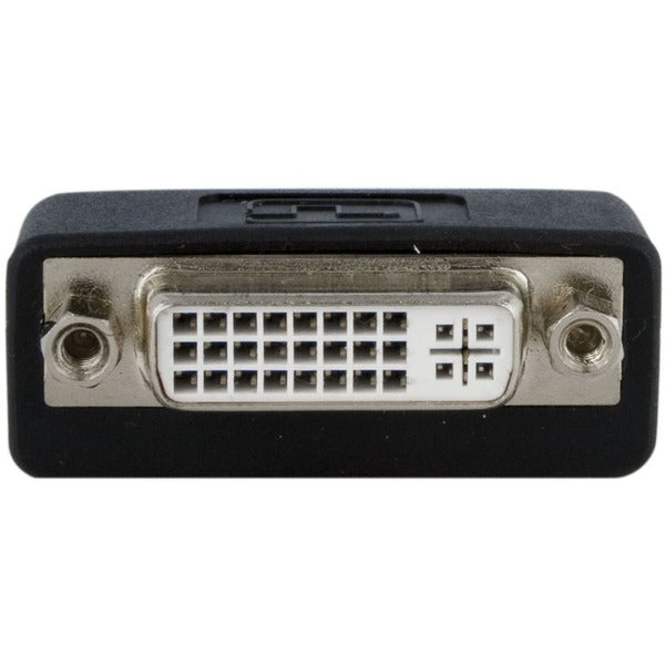 A black and gold StarTech.com Compact DisplayPort to DVI Adapter, DP 1.2 to DVI-D Adapter/Video Converter 1080p, DP to DVI Monitor, Latching DP Connector (DP2DVIADAP).