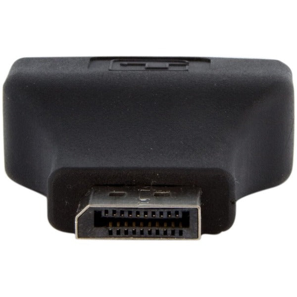 A black and gold StarTech.com Compact DisplayPort to DVI Adapter, DP 1.2 to DVI-D Adapter/Video Converter 1080p, DP to DVI Monitor, Latching DP Connector (DP2DVIADAP).
