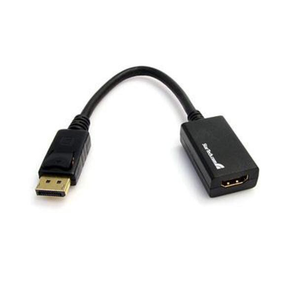 A black StarTech.com DisplayPort to HDMI Adapter, 1080p DP to HDMI Video Converter, DP to HDMI Monitor/TV Dongle, Passive, Latching DP Connector.