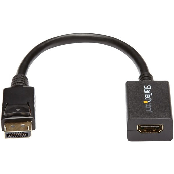A black StarTech.com DisplayPort to HDMI Adapter, 1080p DP to HDMI Video Converter, DP to HDMI Monitor/TV Dongle, Passive, Latching DP Connector.