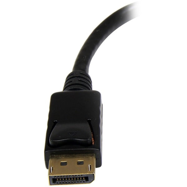 A black StarTech.com DisplayPort to HDMI Adapter, 1080p DP to HDMI Video Converter, DP to HDMI Monitor/TV Dongle, Passive, Latching DP Connector.
