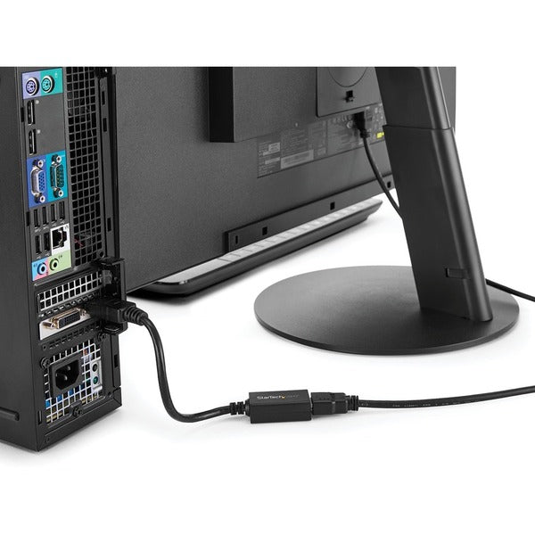 A black StarTech.com DisplayPort to HDMI Adapter, 1080p DP to HDMI Video Converter, DP to HDMI Monitor/TV Dongle, Passive, Latching DP Connector.