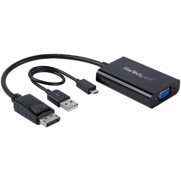 A black StarTech.com DisplayPort to VGA Adapter with Audio - DP to VGA Converter - 1920x1200.