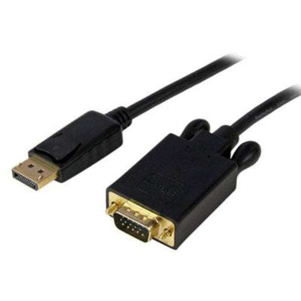 A black StarTech.com 6ft (1.8m) DisplayPort to VGA Cable, Active DisplayPort to VGA Adapter Cable, 1080p Video, DP to VGA Monitor Converter Cable.