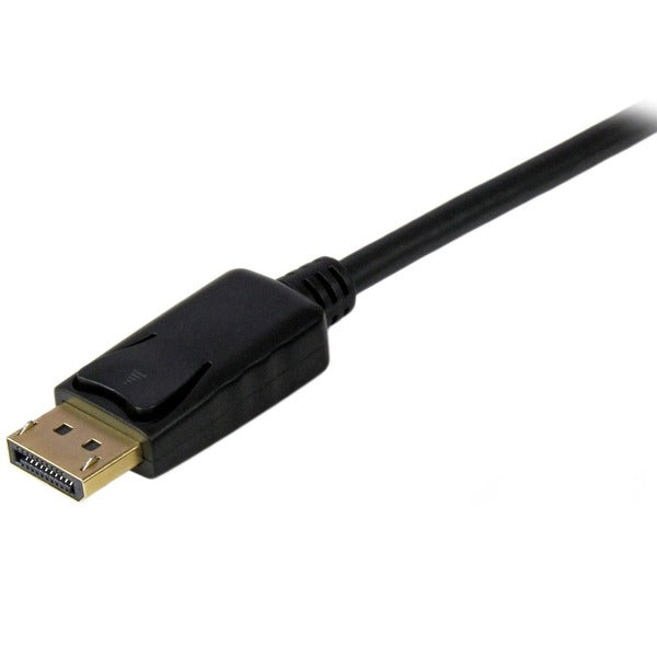 A black StarTech.com 6ft (1.8m) DisplayPort to VGA Cable, Active DisplayPort to VGA Adapter Cable, 1080p Video, DP to VGA Monitor Converter Cable.