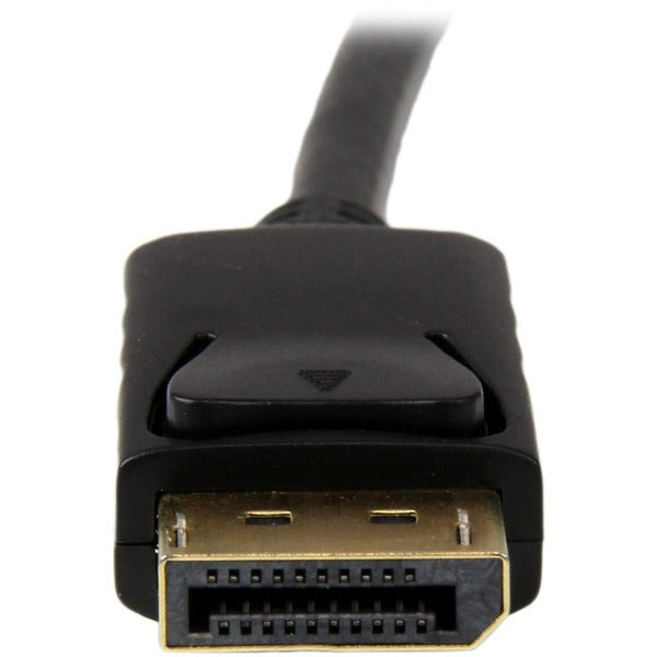 A black StarTech.com 6ft (1.8m) DisplayPort to VGA Cable, Active DisplayPort to VGA Adapter Cable, 1080p Video, DP to VGA Monitor Converter Cable.