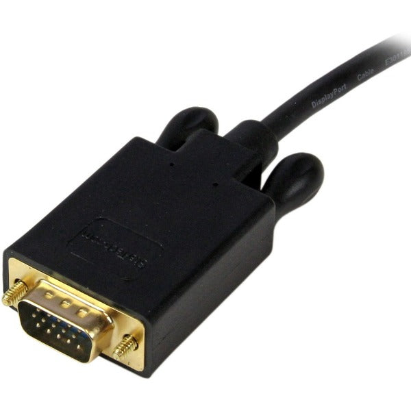 A black StarTech.com 6ft (1.8m) DisplayPort to VGA Cable, Active DisplayPort to VGA Adapter Cable, 1080p Video, DP to VGA Monitor Converter Cable.