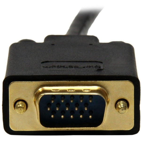 A black StarTech.com 6ft (1.8m) DisplayPort to VGA Cable, Active DisplayPort to VGA Adapter Cable, 1080p Video, DP to VGA Monitor Converter Cable.