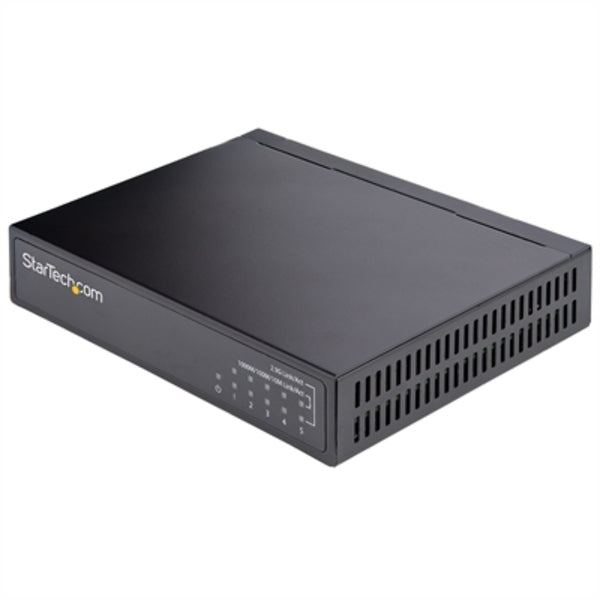 A StarTech.com Unmanaged 2.5G Switch, 5 Port 2.5GBASE-T Unmanaged Ethernet Switch, Desk | Wall Mount Kit, Compatible w/ 10/100/1000Mbps devices on a white background.
