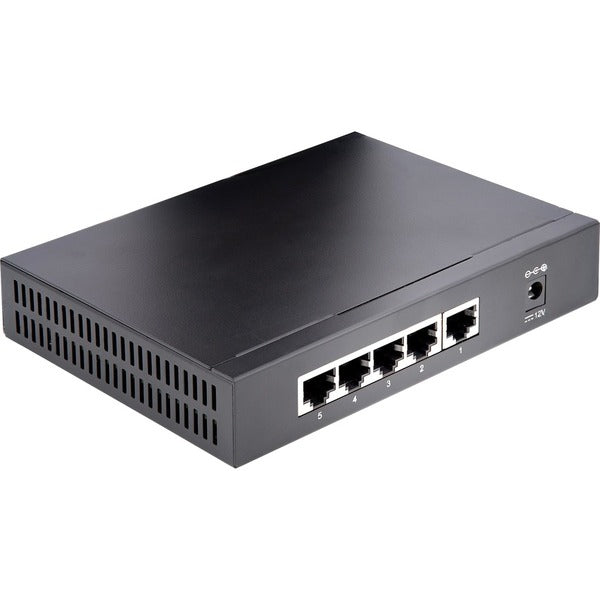 A StarTech.com Unmanaged 2.5G Switch, 5 Port 2.5GBASE-T Unmanaged Ethernet Switch, Desk | Wall Mount Kit, Compatible w/ 10/100/1000Mbps devices on a white background.
