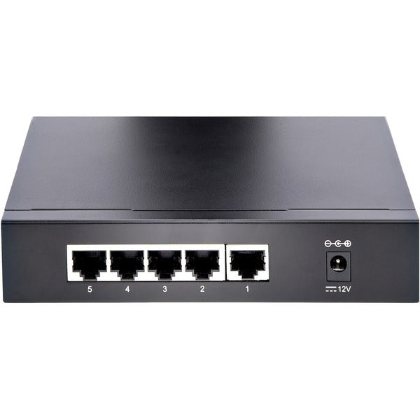 A StarTech.com Unmanaged 2.5G Switch, 5 Port 2.5GBASE-T Unmanaged Ethernet Switch, Desk | Wall Mount Kit, Compatible w/ 10/100/1000Mbps devices on a white background.