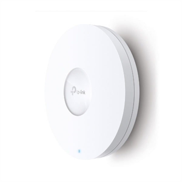 A TP-Link EAP670 Dual Band IEEE 802.11 a/b/g/n/ac/ax 5.27 Gbit/s Wireless Access Point with a blue light on it.