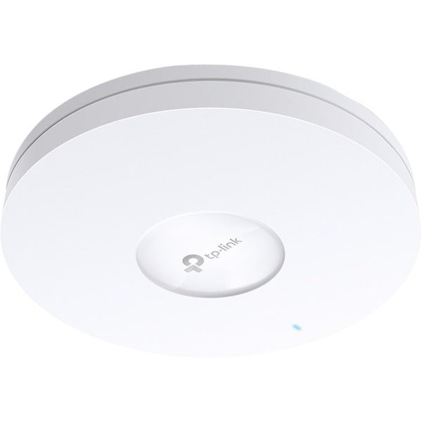 A TP-Link EAP670 Dual Band IEEE 802.11 a/b/g/n/ac/ax 5.27 Gbit/s Wireless Access Point with a blue light on it.