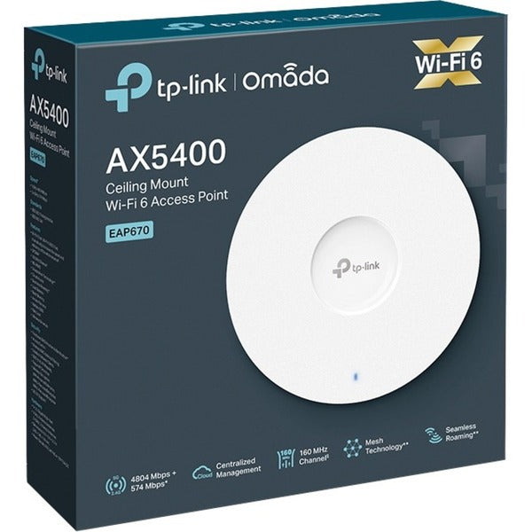 A TP-Link EAP670 Dual Band IEEE 802.11 a/b/g/n/ac/ax 5.27 Gbit/s Wireless Access Point with a blue light on it.