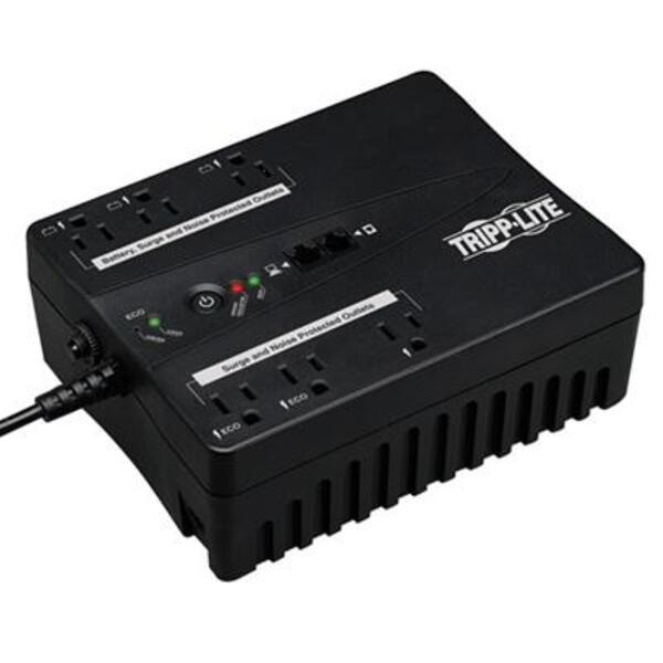 An energy-saving power supply from the Tripp Lite UPS 350VA 210W Eco Green Battery Back Up Compact 120V USB RJ11 50/60Hz Series, equipped with a power cord attached to it.