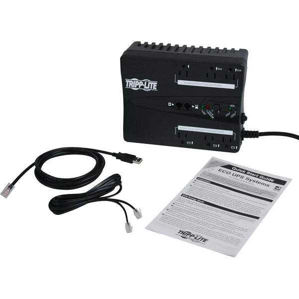 An energy-saving power supply from the Tripp Lite UPS 350VA 210W Eco Green Battery Back Up Compact 120V USB RJ11 50/60Hz Series, equipped with a power cord attached to it.