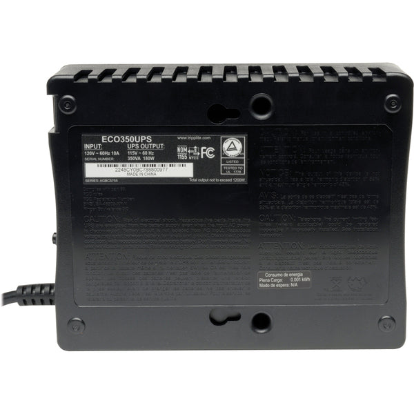 An energy-saving power supply from the Tripp Lite UPS 350VA 210W Eco Green Battery Back Up Compact 120V USB RJ11 50/60Hz Series, equipped with a power cord attached to it.