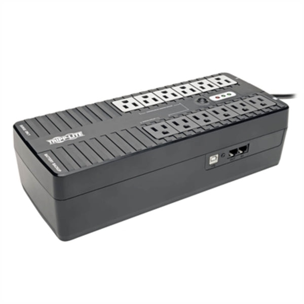 A black Tripp Lite UPS 750VA 450W Eco Green Battery Back Up Compact 120V USB RJ11 50/60Hz with two outlets.