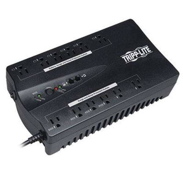 A Tripp Lite UPS 900VA 480W Eco Green Battery Back Up Muted Alarm 120V 12 Outlet USB RJ11 with a power cord attached to it.