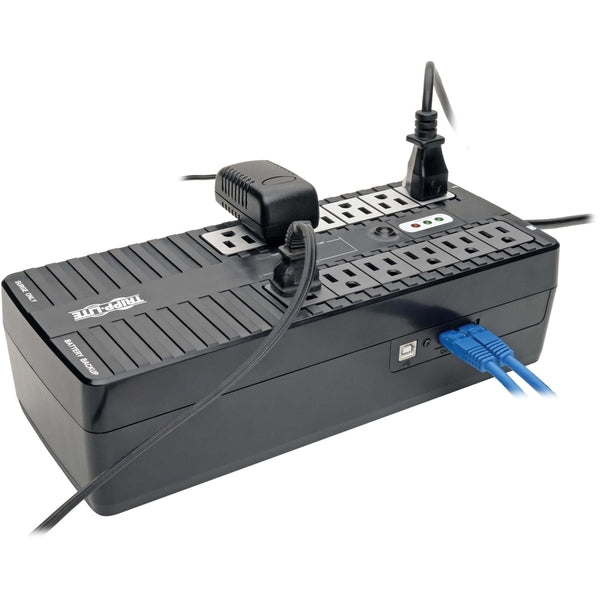 A Tripp Lite UPS 900VA 480W Eco Green Battery Back Up Muted Alarm 120V 12 Outlet USB RJ11 with a power cord attached to it.