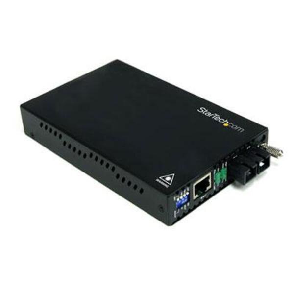 A StarTech.com 10/100 Mbps Multi Mode Fiber Media Converter SC 2 km on a white background.